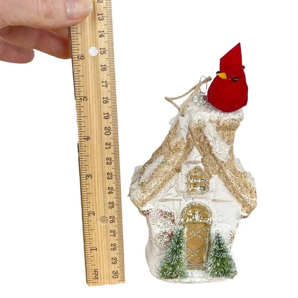 Pottery Barn Glass Christmas Cottage Ornament Red Cardinal Trees Glitter Trim
